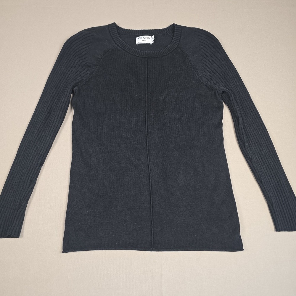 FRAME LWSW0068 Silk Cashmere Crewneck Ribbed Sleeve Sweater Noir Black Size S